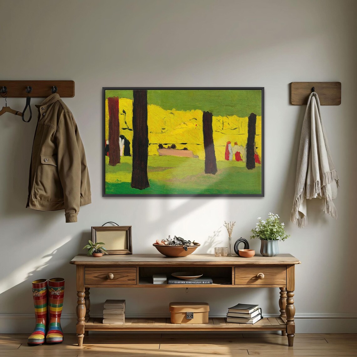 Framed Wall Art Of Park Scene With Figures And Trees Landscape Wall Art Green And Yellow Entryway Art Brown And Red Boho Print - Image 4