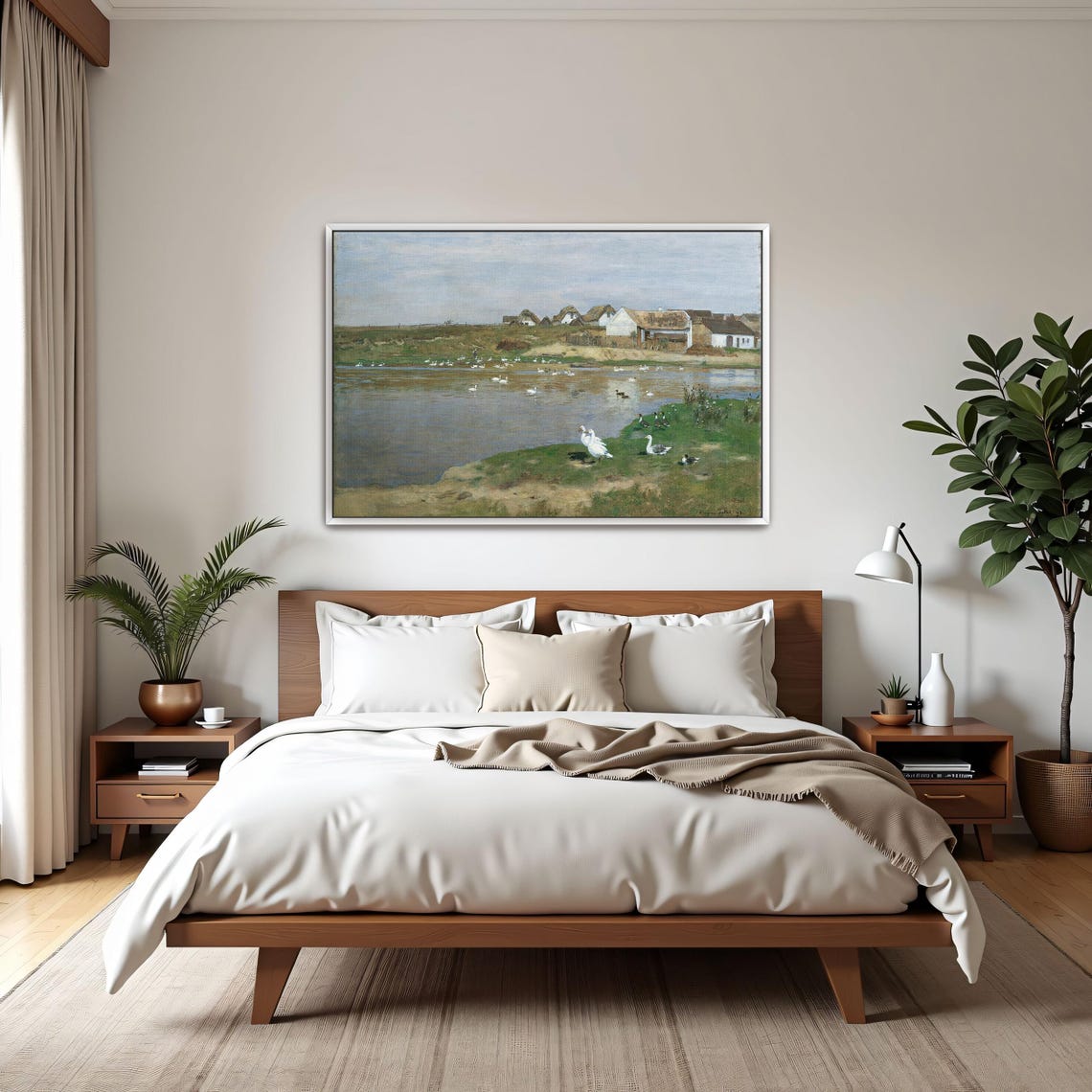 Geese on a Village Lake Farmhouse Waterside Landscape Poster
