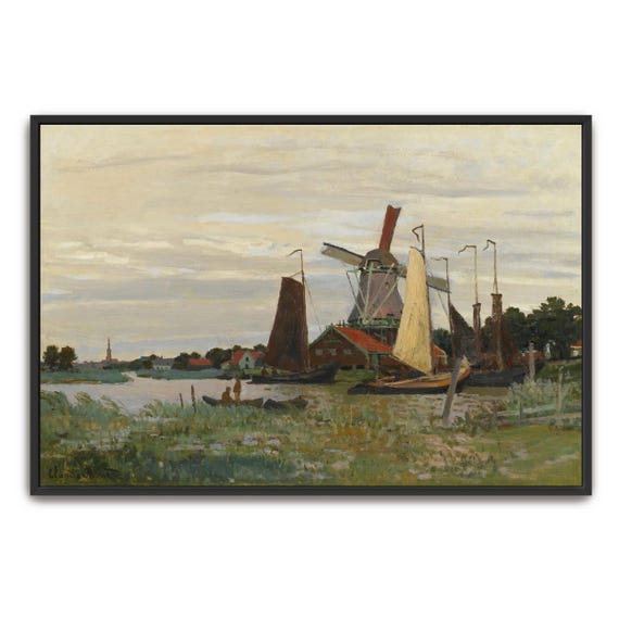 Claude Monet Large Framed Print Dutch Windmill And Boats By Canal Landscape Wall Art Blue And White Entryway Decor