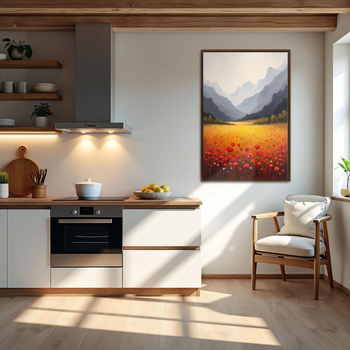 Mountain Meadow Poppy Field with Misty Peaks Landscape Poster - Image 5
