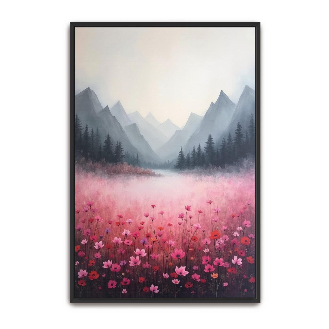 Pink Wildflowers Meadow Beneath Misty Mountains Landscape Poster