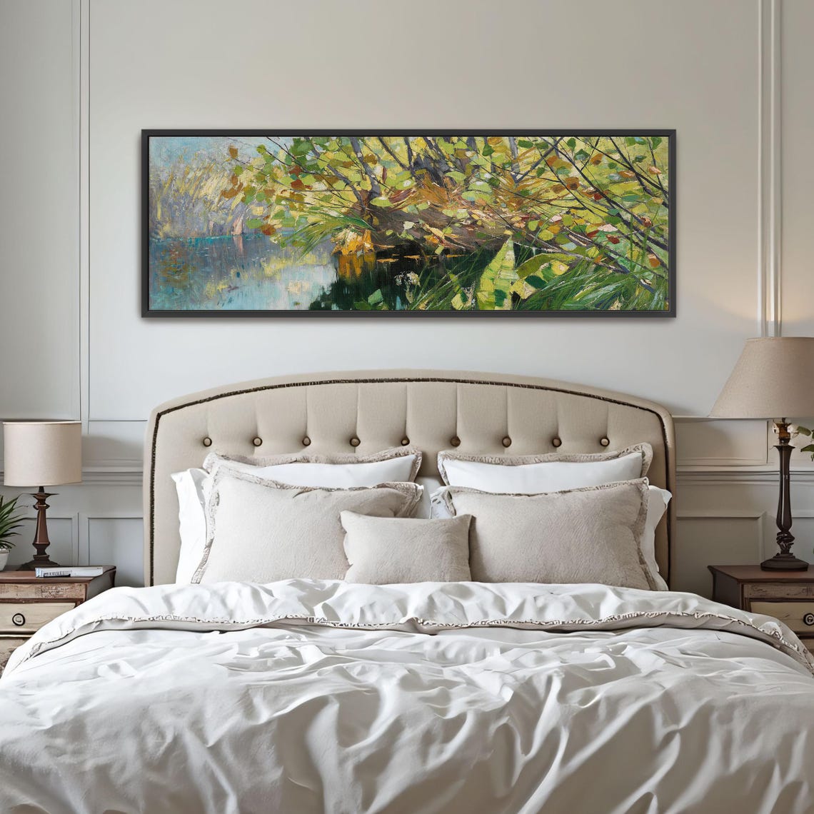 Autumn Riverbank Trees Impressionist Panoramic Landscape Poster - Image 4
