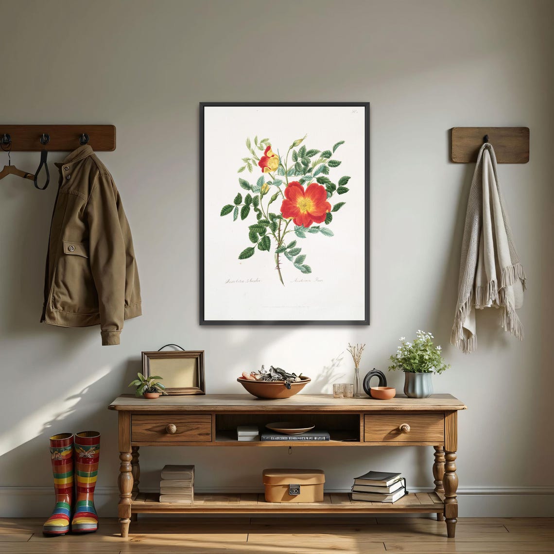 Austrian Rose Red Bloom Vintage Botanical Illustration Art Poster
