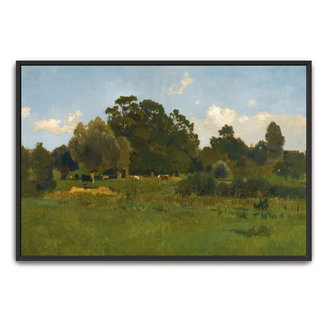 Peaceful Meadow With Grazing Cows Rustic Vintage Oil Painting Print
