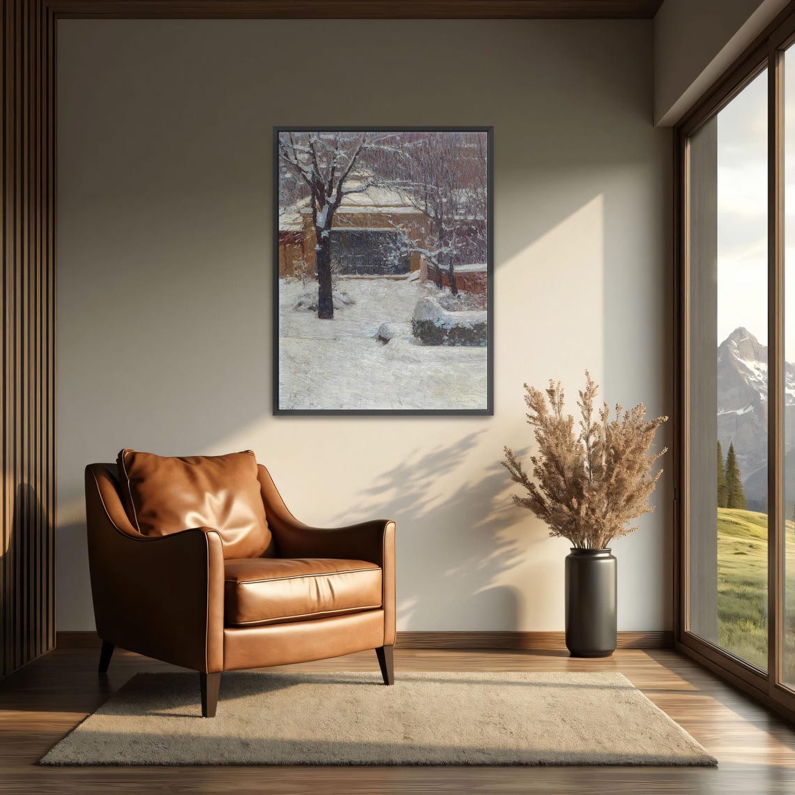 Snowy Garden With Brick Building Vintage Winter Landscape Poster