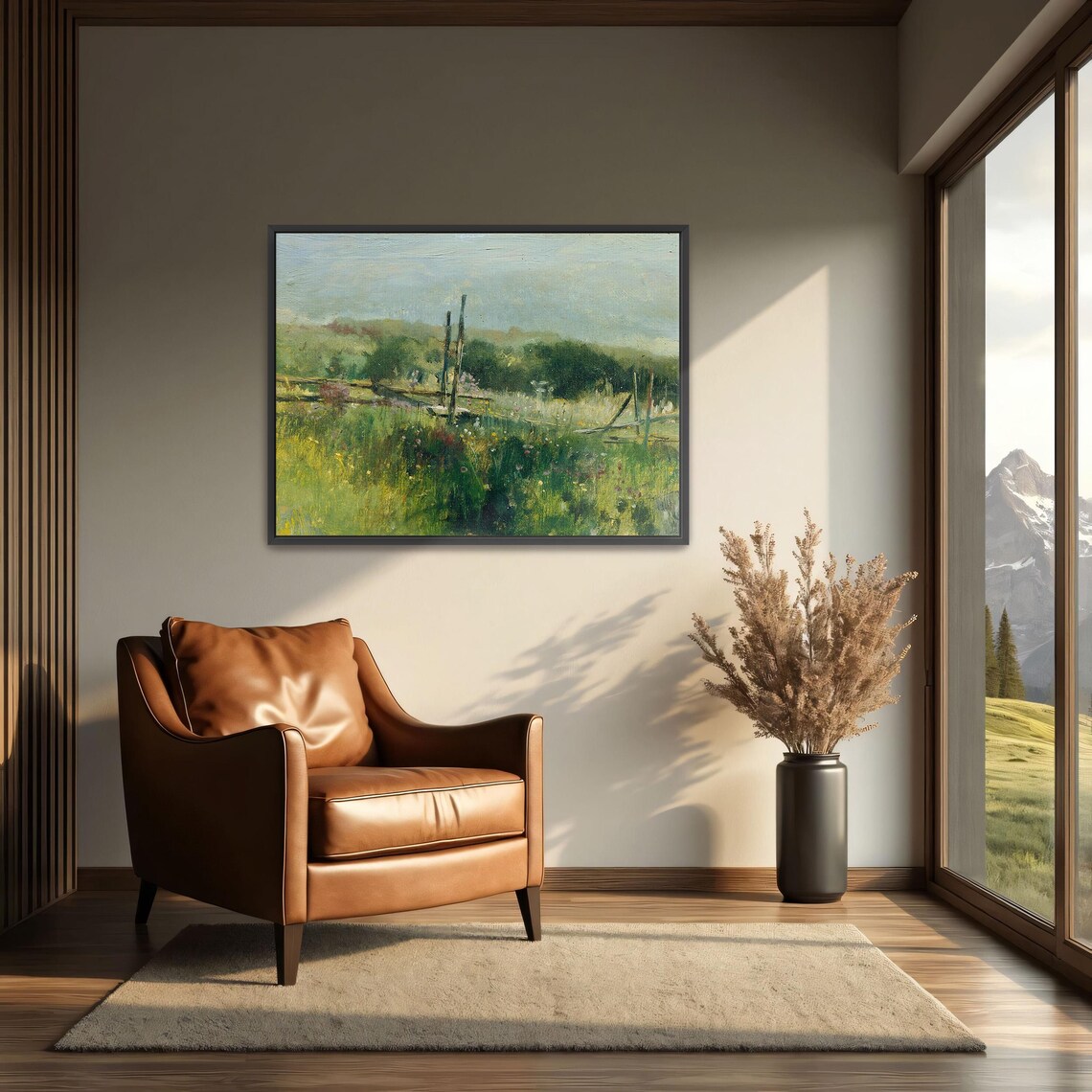 Large Framed Print Of Field With Fence And Trees Landscape Wall Art Green And Blue Bedroom Artwork Rustic Oil Painting - Image 3