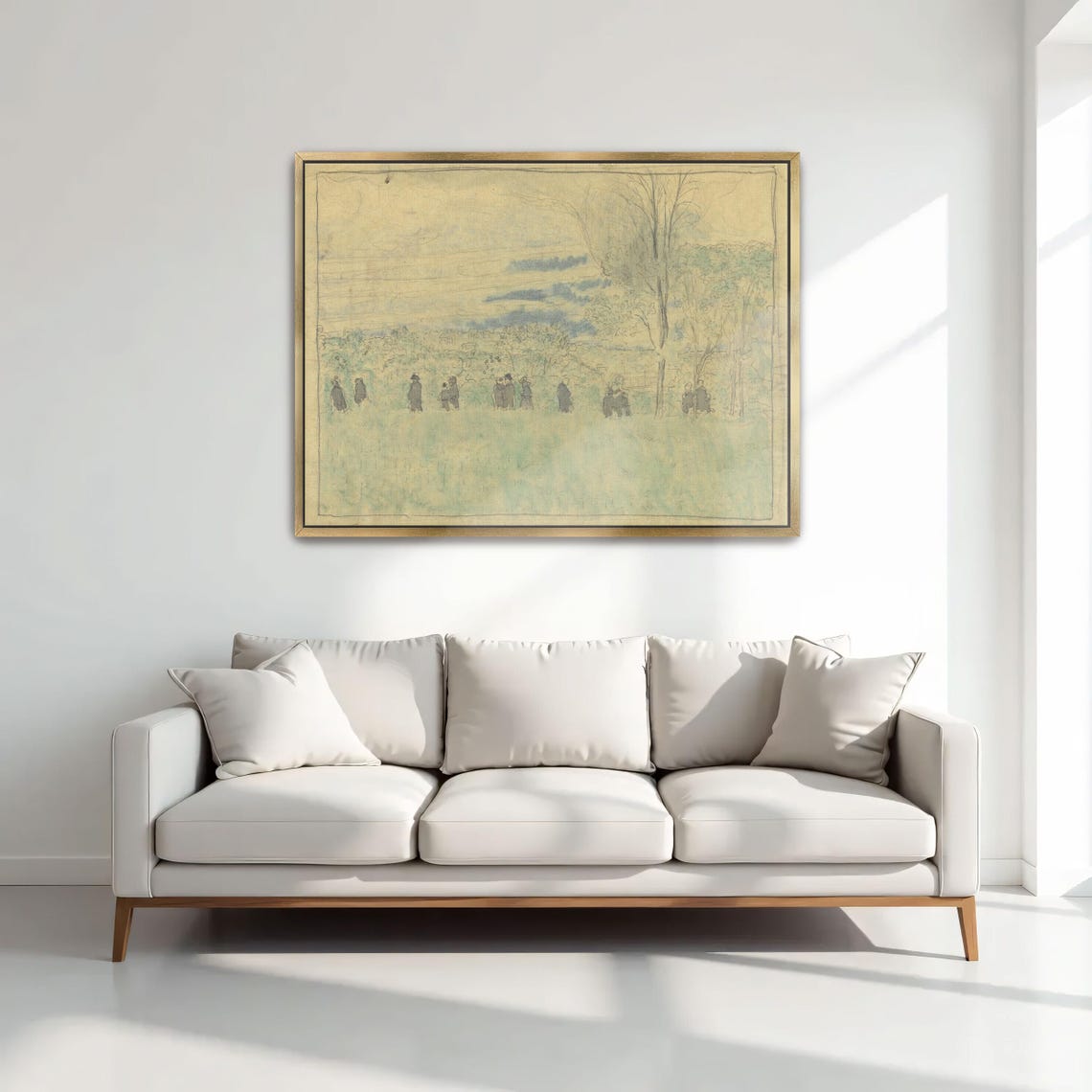 Strollers in a Pale Meadow Delicate Yellow Green Landscape Poster