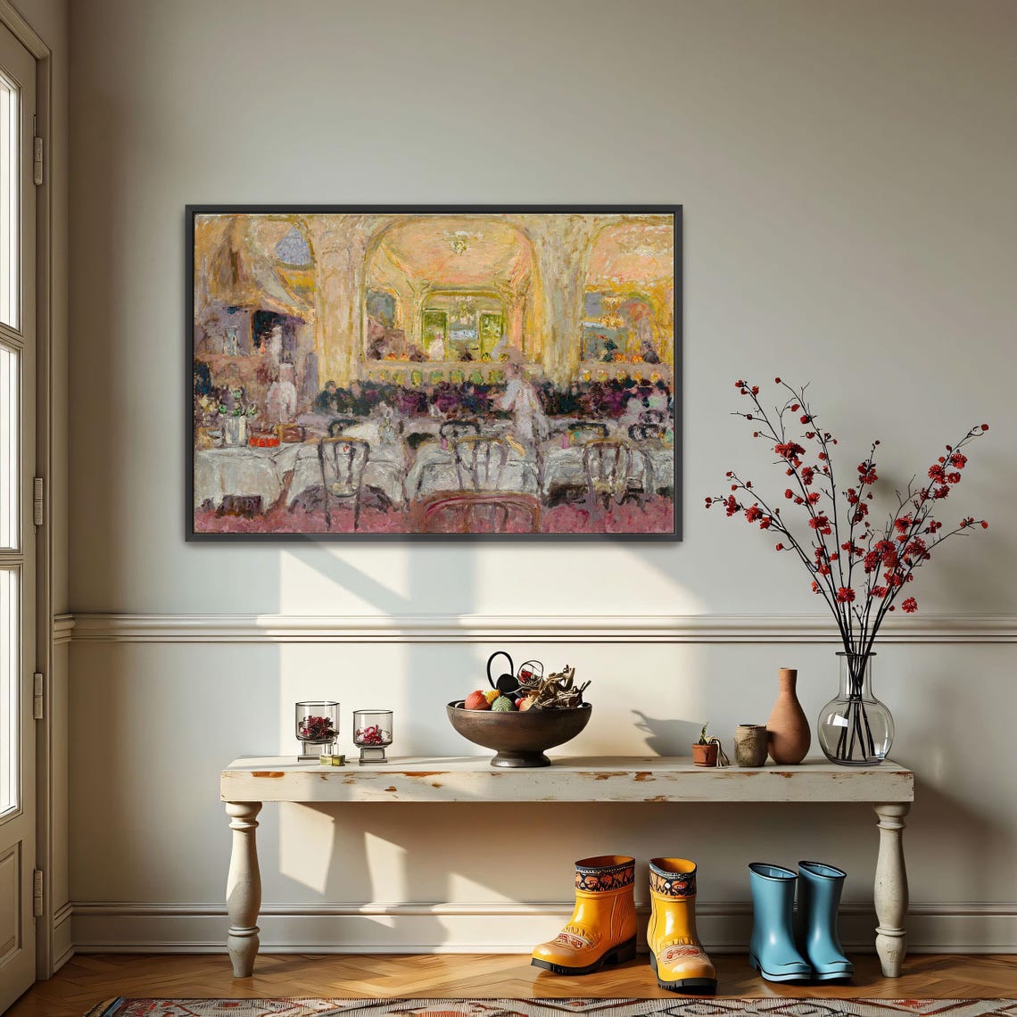Golden Cafe Interior with Diners Impressionist Evening Scene Poster