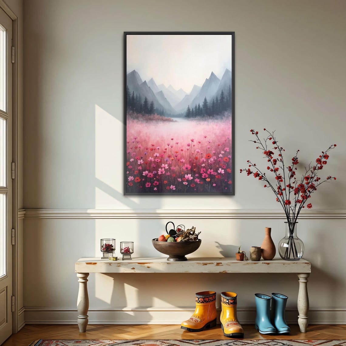 Pink Wildflowers Meadow Beneath Misty Mountains Landscape Poster - Image 3
