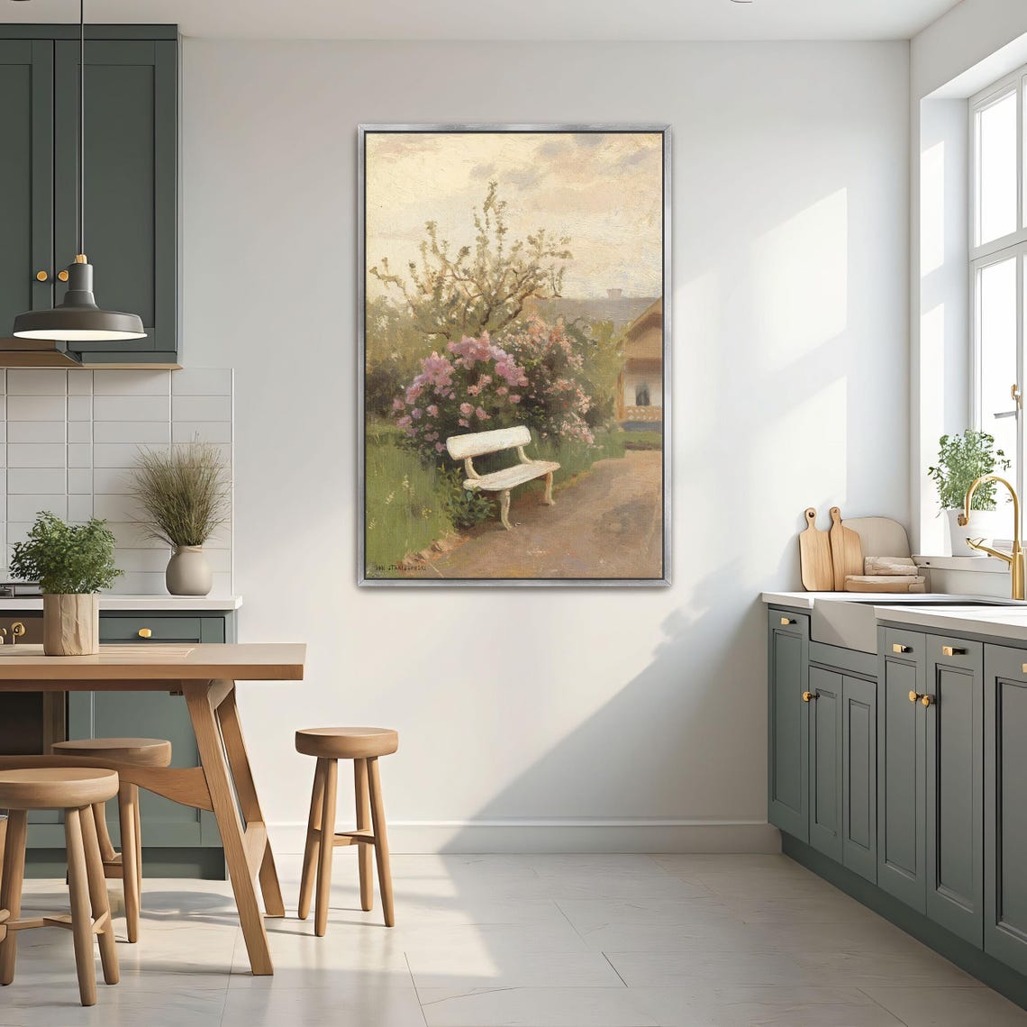 White Garden Bench Under Blooming Lilacs By A Cottage Poster - Image 2
