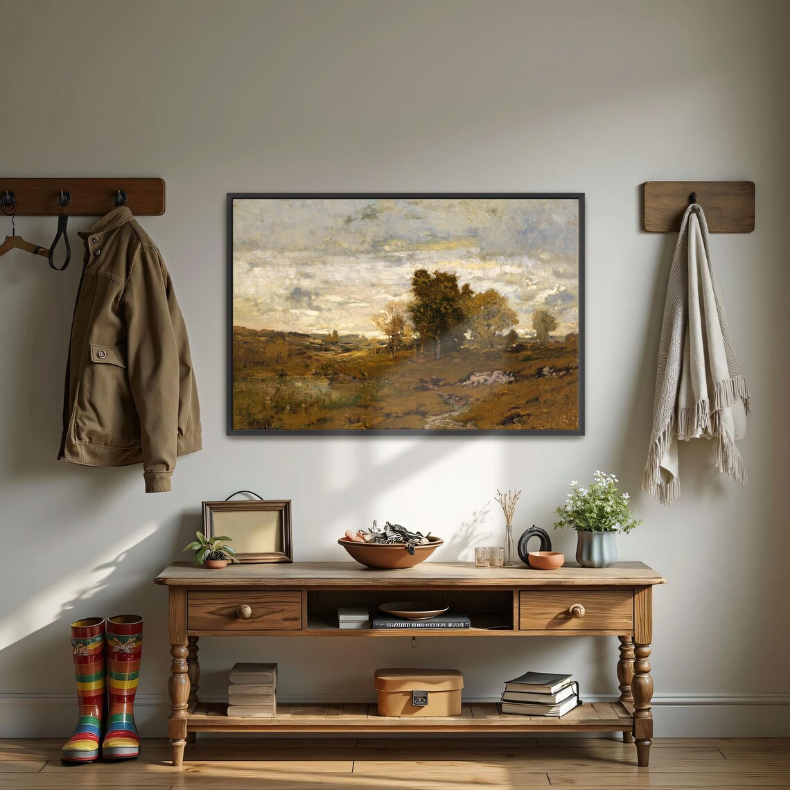 Framed Wall Art Of Cloudy Sky Over Trees And Pond Landscape Wall Art Brown And Gray Entryway Art Green And White Boho Fine Art Print