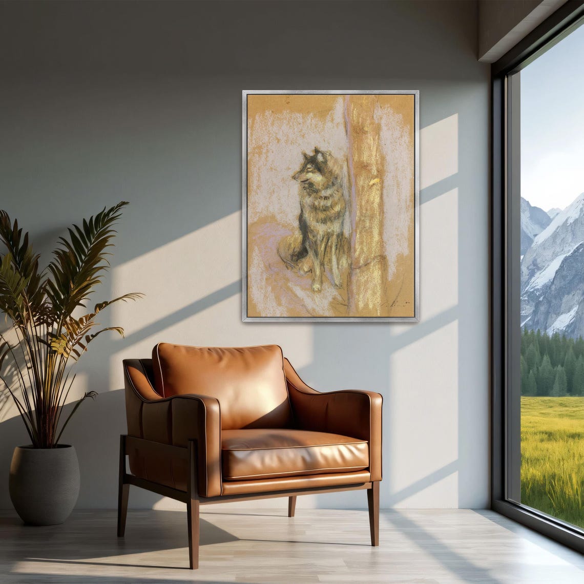 Wolf Dog Seated by a Wooden Post Vintage Pastel Animal Study Art Print - Image 2
