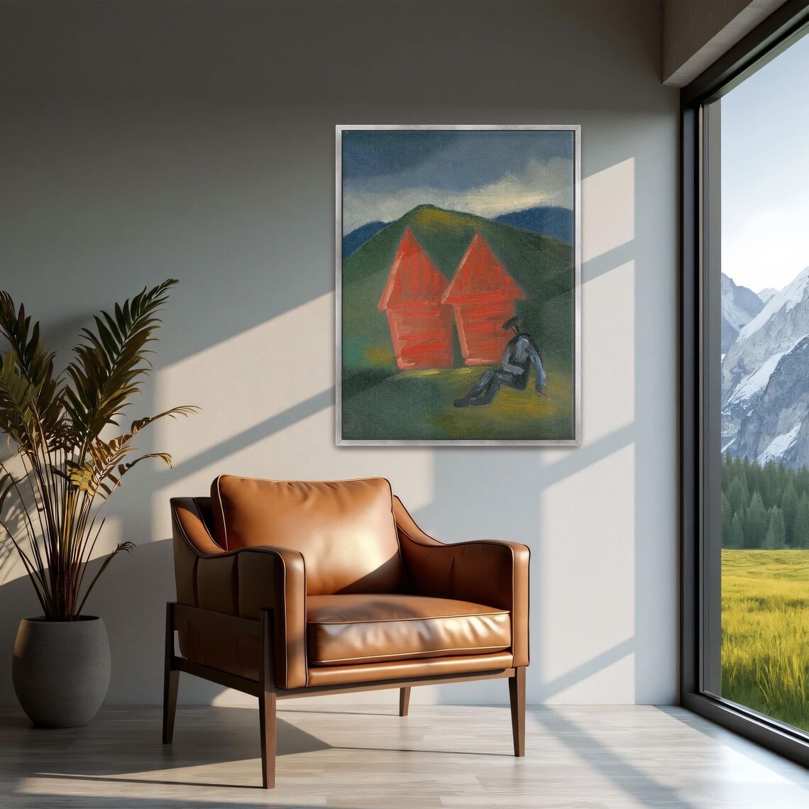 Two Red Barns on Green Hill with Seated Figure Expressionist Poster - Image 2