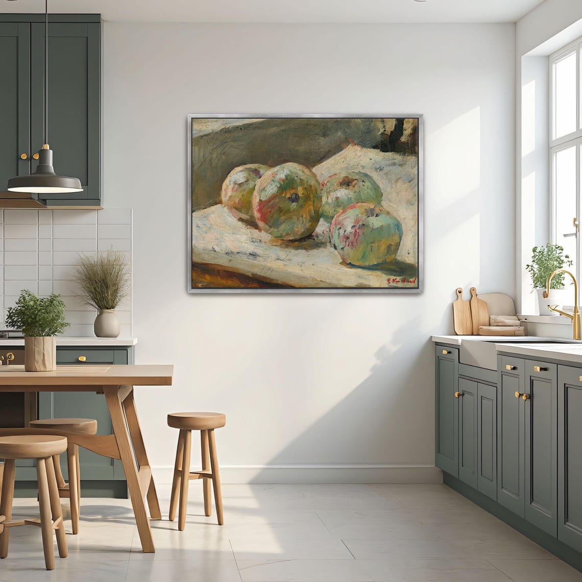 Four Green Apples Rustic Impressionist Still Life Painting Poster - Image 3