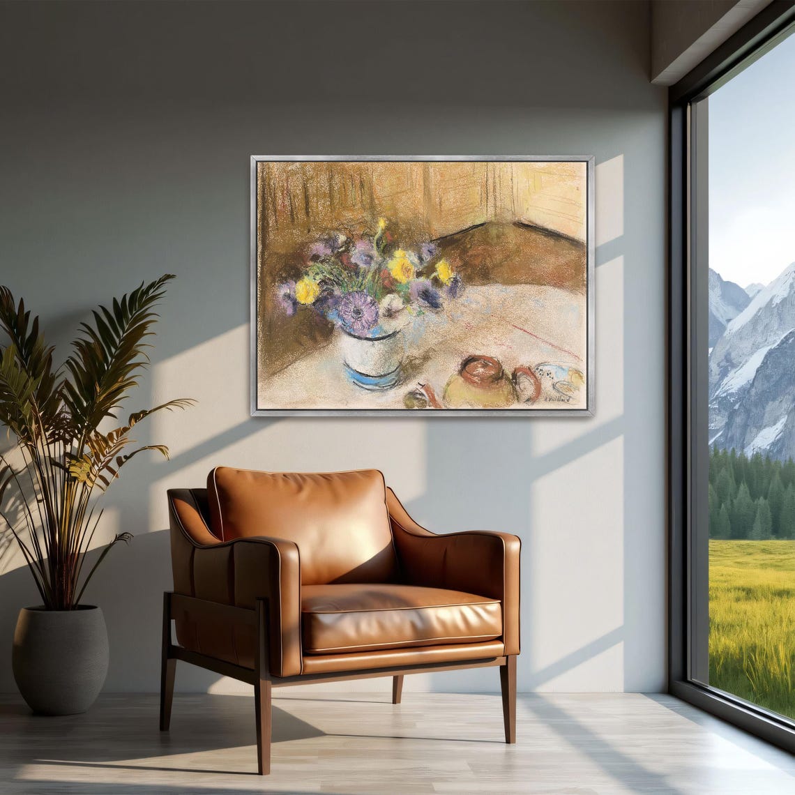 Pastel Still Life of Flower Bouquet with Teapot on a Table Poster - Image 3