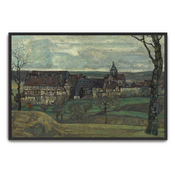 Vintage Oil Painting Of A European Village With A Church Tower Poster