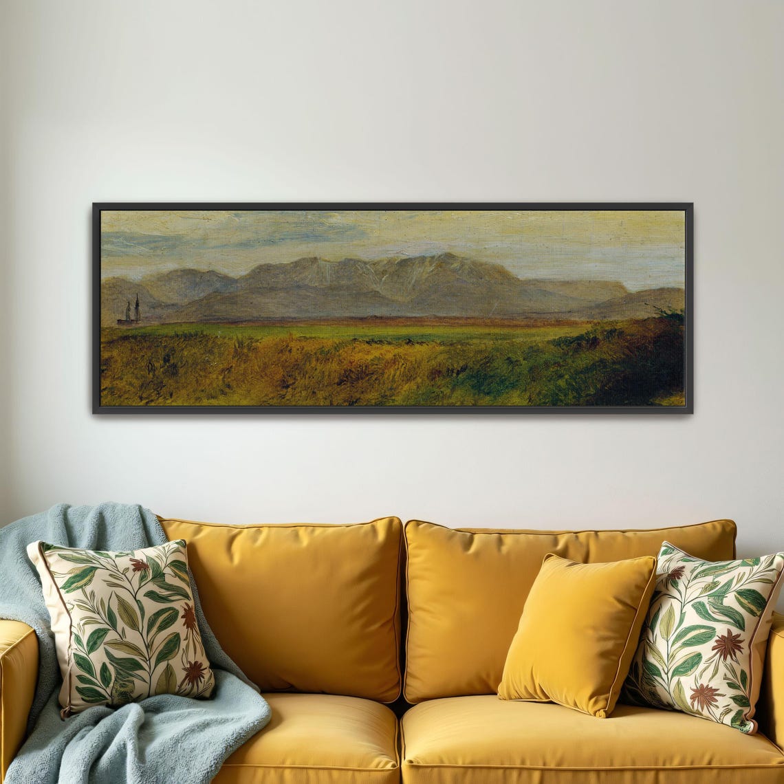 Mountain Range Landscape With Green Fields Panoramic Wall Art Horizontal Framed Art Above Bed Wall Art Bedroom And Living Room Art - Image 2