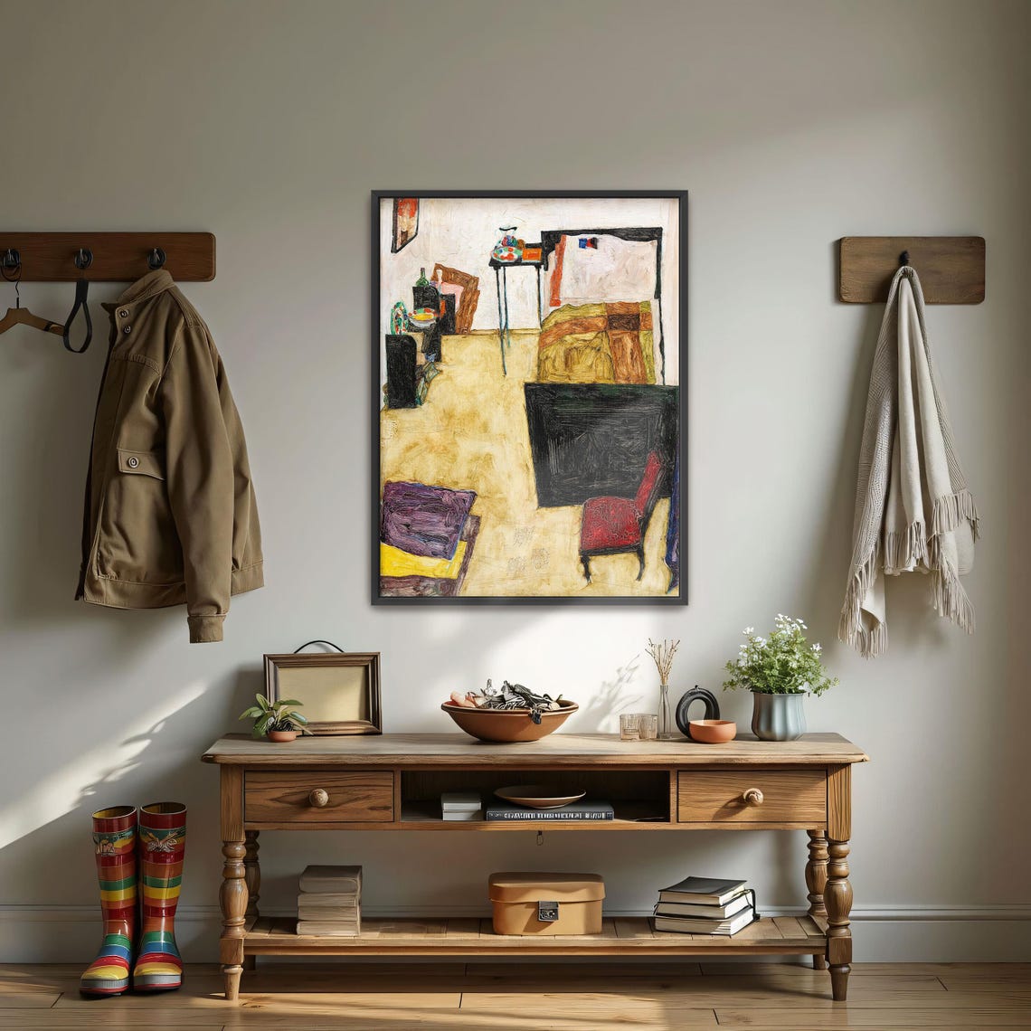 Framed Wall Art Of A Room With A Bed Chair And Table Geometric Print Brown And Beige Living Room Art Print Abstract Artwork - Image 3