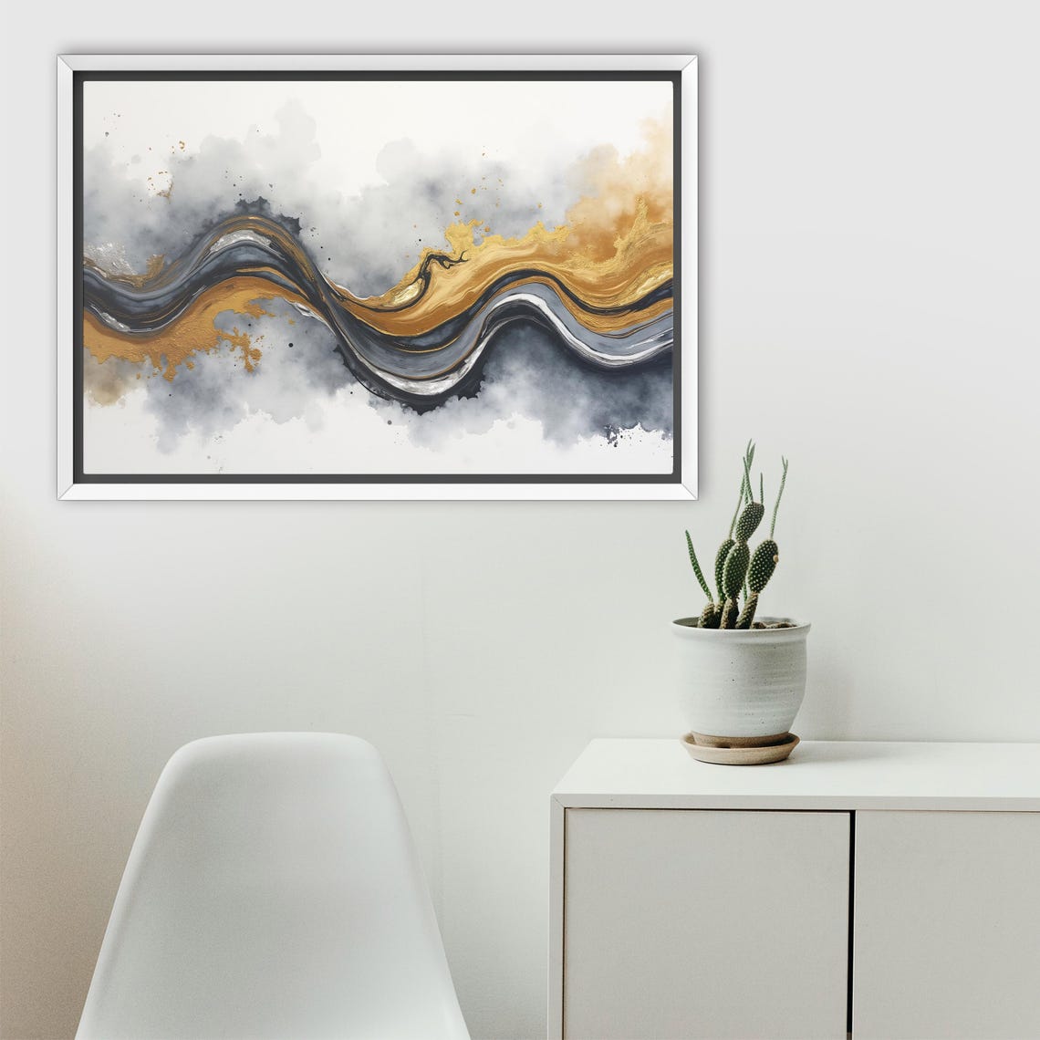 Bold Black Gold And White Marble Wave Watercolor Abstract Art Poster - Image 2