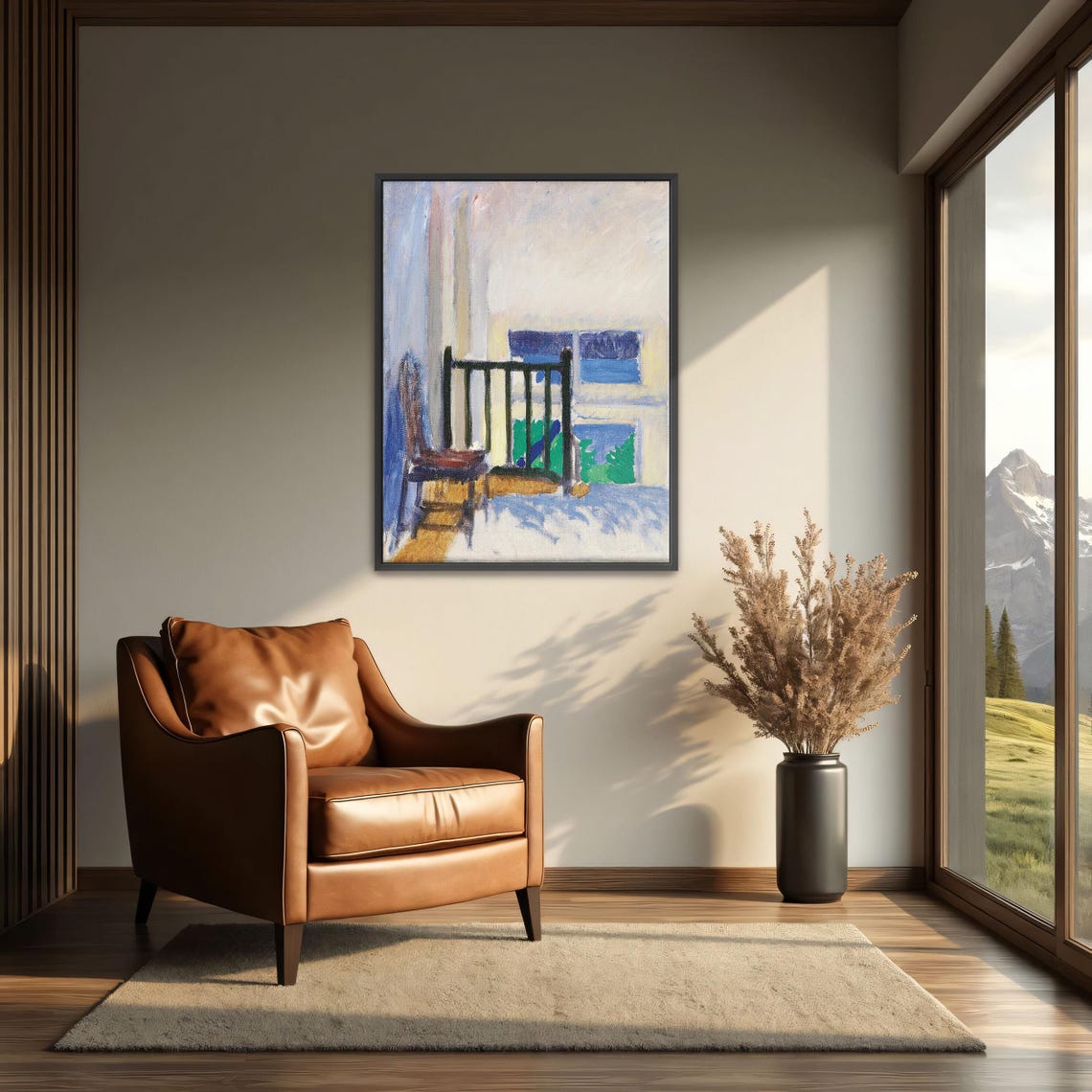 Large Framed Print Of Interior Scene With Chair And Stairs Geometric Fine Art Print Blue And White Entryway Decor - Image 4
