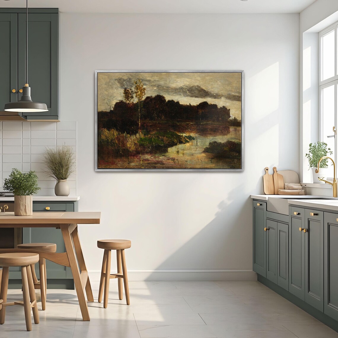 Large Framed Print Of A Misty Lake With Trees And Reeds Landscape Wall Art Gray And Brown Bedroom Decor Rustic Oil Painting - Image 2