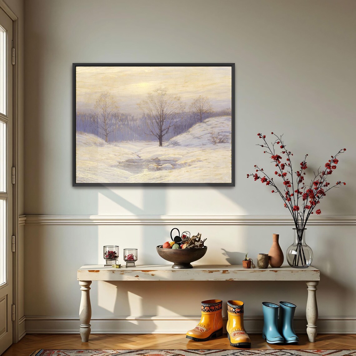 Framed Print Of Snowy Landscape With Trees And Stream Landscape Fine Art Print White And Blue Bedroom Decor Rustic Oil Painting - Image 3