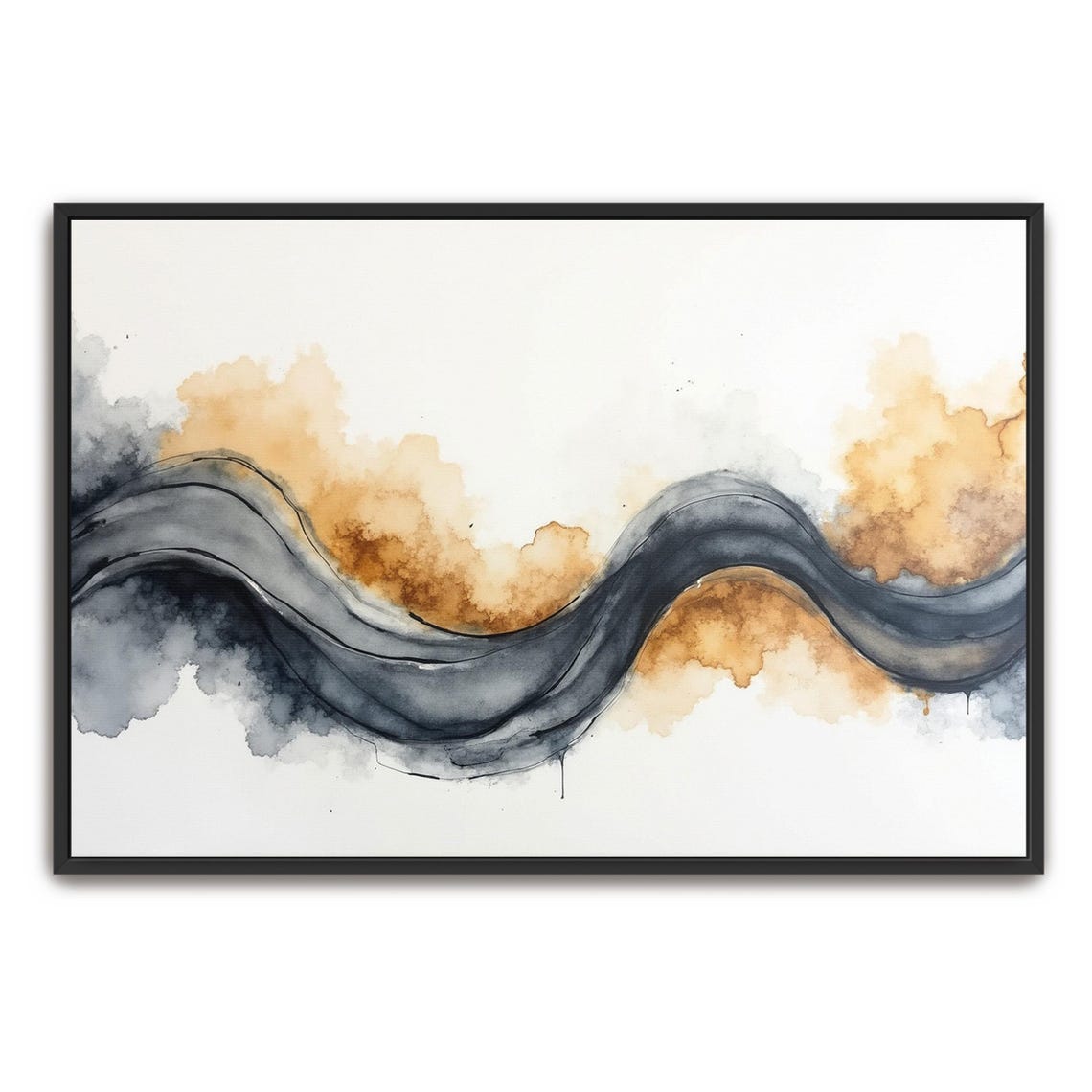 Charcoal Ribbon Wave With Warm Amber Watercolor Wash Abstract Poster