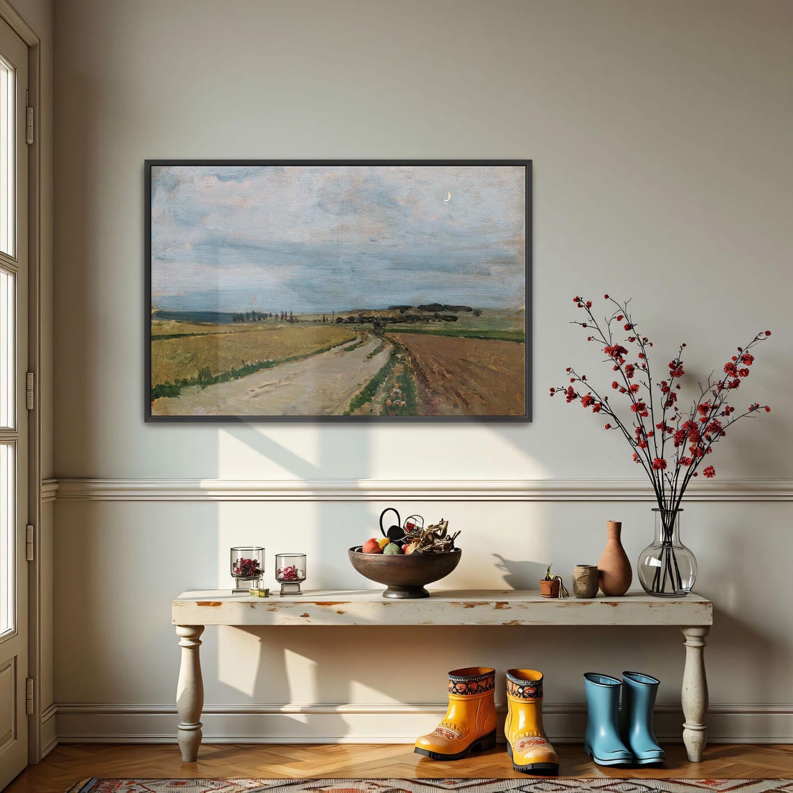 Framed Wall Art Of Country Road Fields And Sky Landscape Print Gray And Blue Entryway Artwork Rustic Oil Painting - Image 4