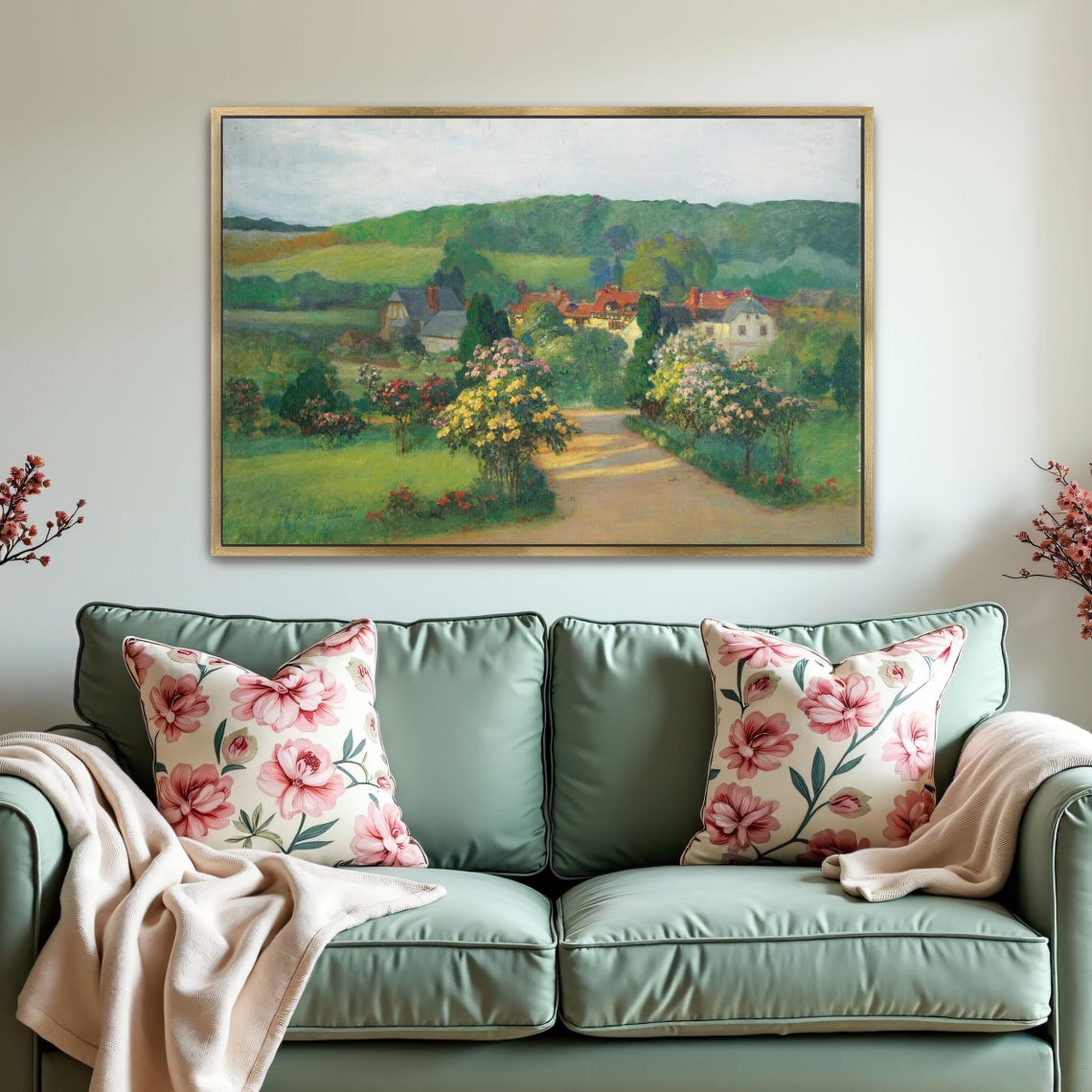 Framed Print Of Village Landscape With Flowers Landscape Wall Art Green And Yellow Bedroom Art Print Rustic Oil Painting