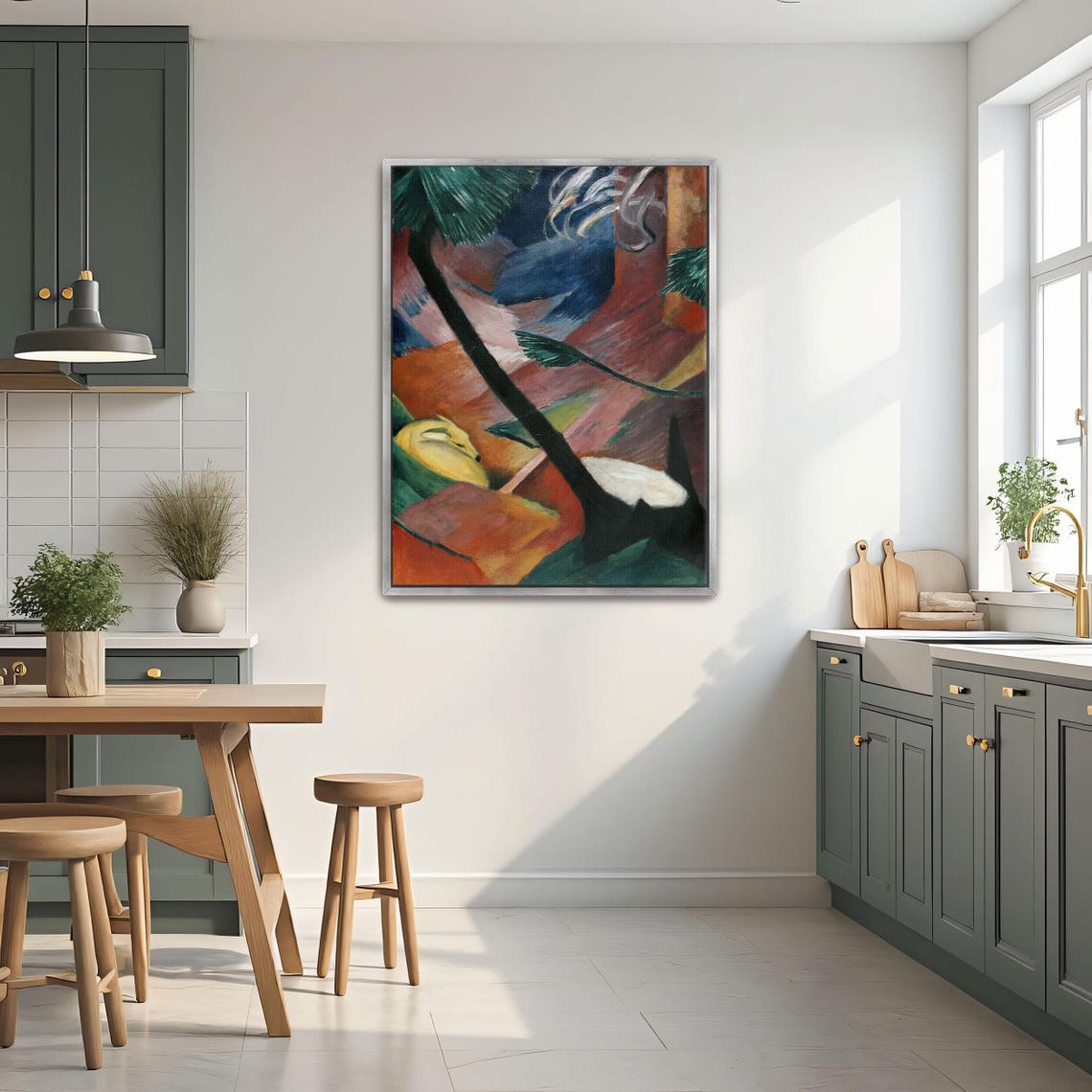 Framed Print Of Abstract Forest Scene With Deer Animal Fine Art Print Green And Blue Living Room Art Bohemian Oil Painting - Image 2