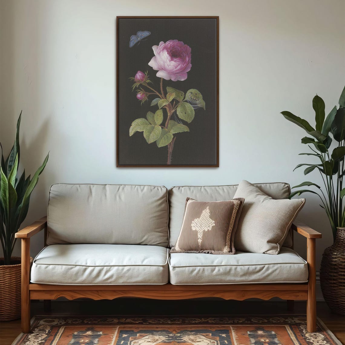 Large Framed Print Of Pink Rose Butterfly Caterpillar Botanical Fine Art Print Pink And Green Kitchen Art Print - Image 5