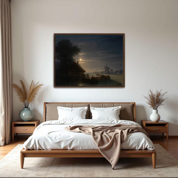 Framed Print Of Nighttime Landscape With A Moonlit River Landscape Wall Art Blue And Gray Entryway Art Rustic Oil Painting