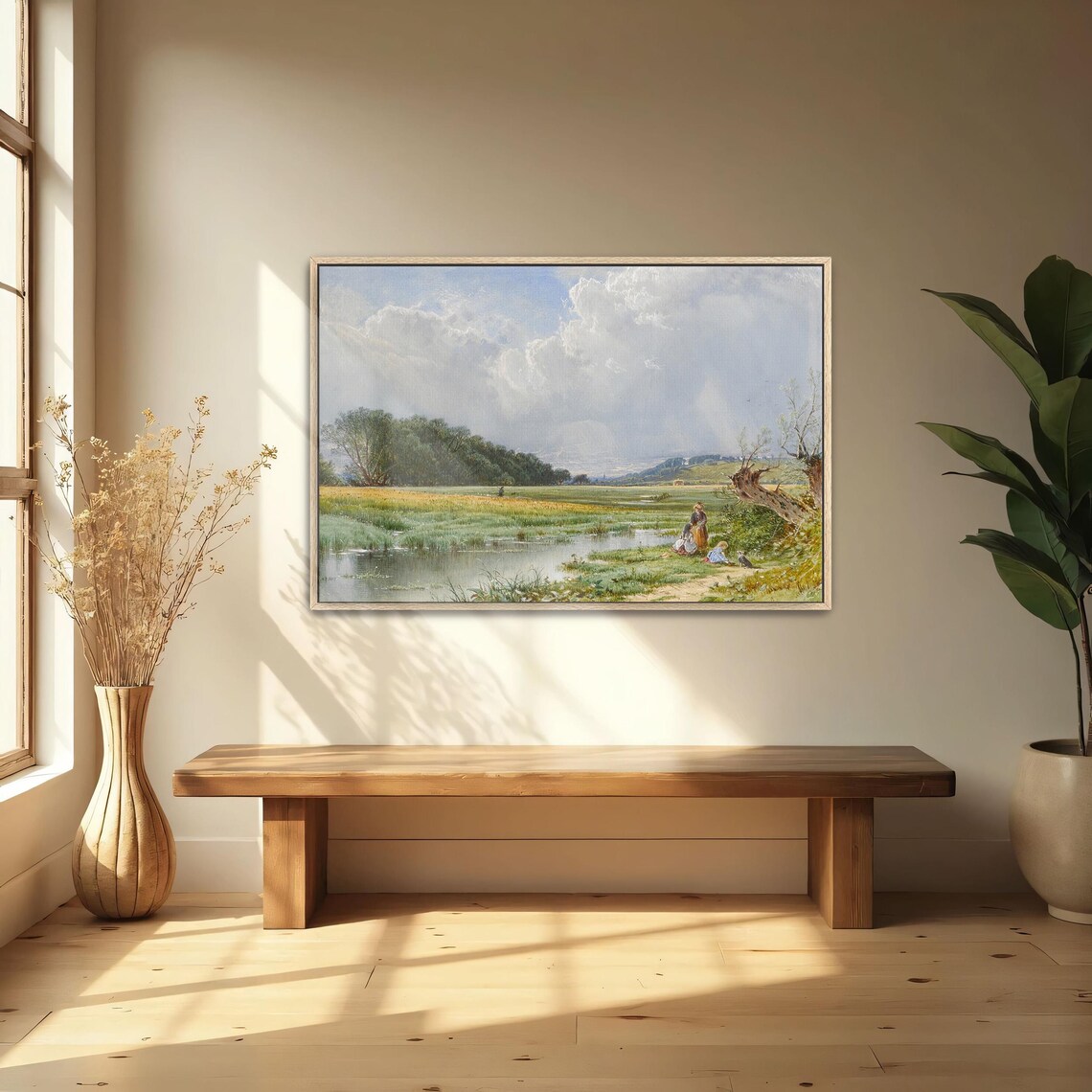 Figures by a River in a Golden Meadow Vintage Landscape Art Print - Image 4