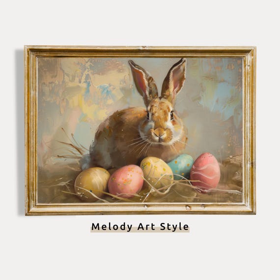 Vintage Easter Bunny Wall Art Oil Painting Spring Painting Farmhouse Colourful Easter Egg Poster Decor P34