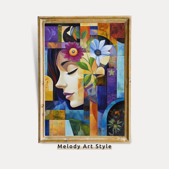 Colorful Floral Woman Wall Art Geometric Artwork Vibrant Female Portrait Abstract Modern Flowers Decor P316