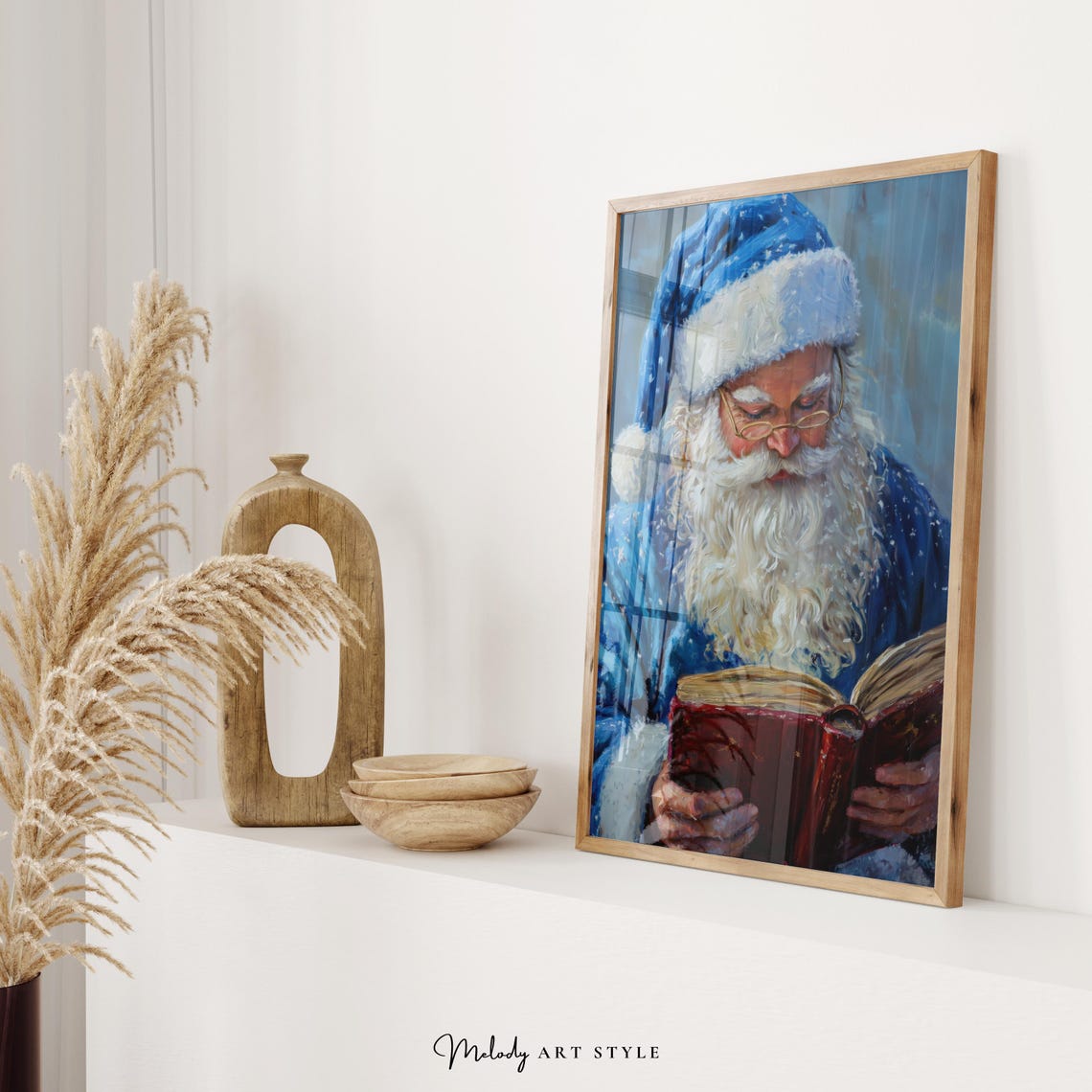 Blue Santa Claus Reading Big Red Book Cozy Winter Holiday Poster - Image 2