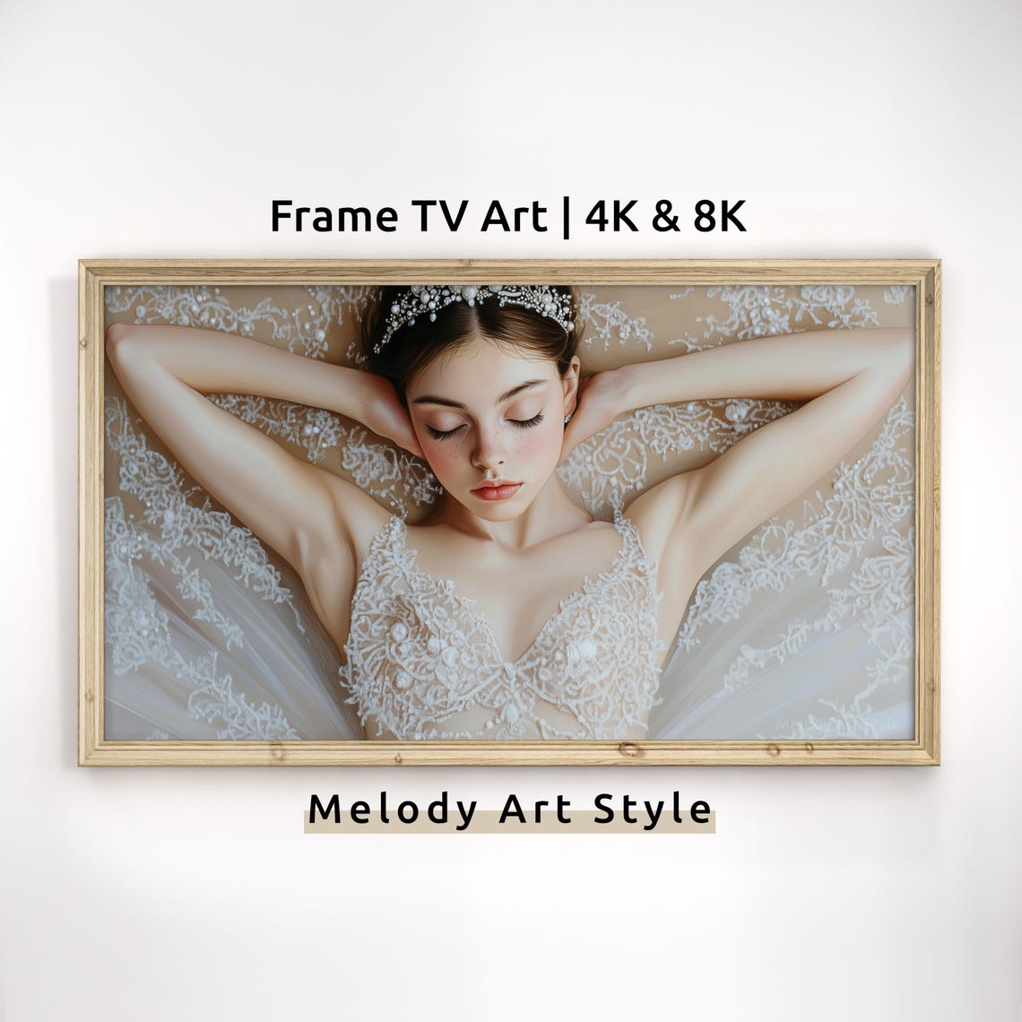 Bridal Portrait White Lace Gown Pearl Tiara Wedding Art Poster
