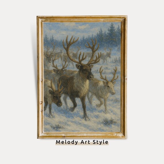 Reindeer Herd With Big Antlers In Snowy Landscape Vintage Painting Poster