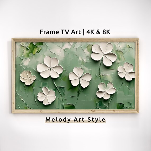 White Clover On Green Background Frame Tv Art 4k 8k St Minimalist Textured Painting For St Patricks Day Decor Screensaver Wallpaper F164