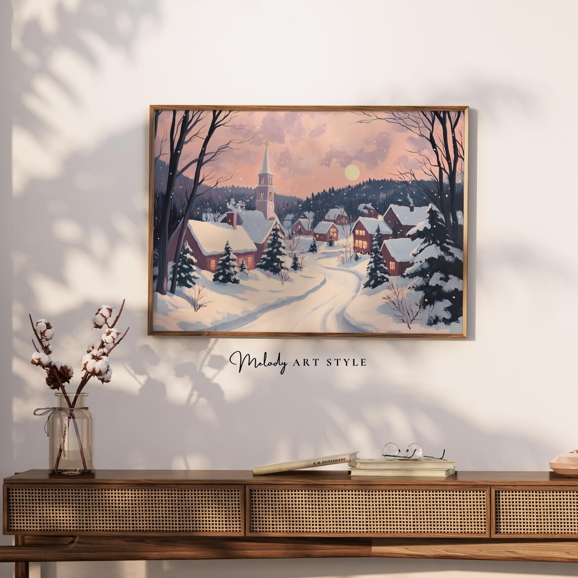 Rustic Snowy Village Church Pink Sunset Winter Christmas Art Poster - Image 2