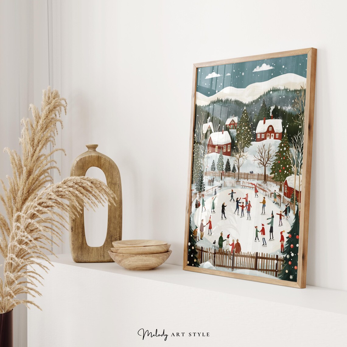 Vintage Christmas Ice Skating Rink Red Houses Snowy Village Art Poster - Image 2