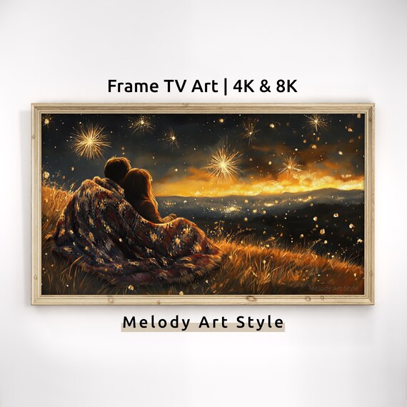 Romantic Couple Fireworks Night Skyline City Lights Golden Art Poster