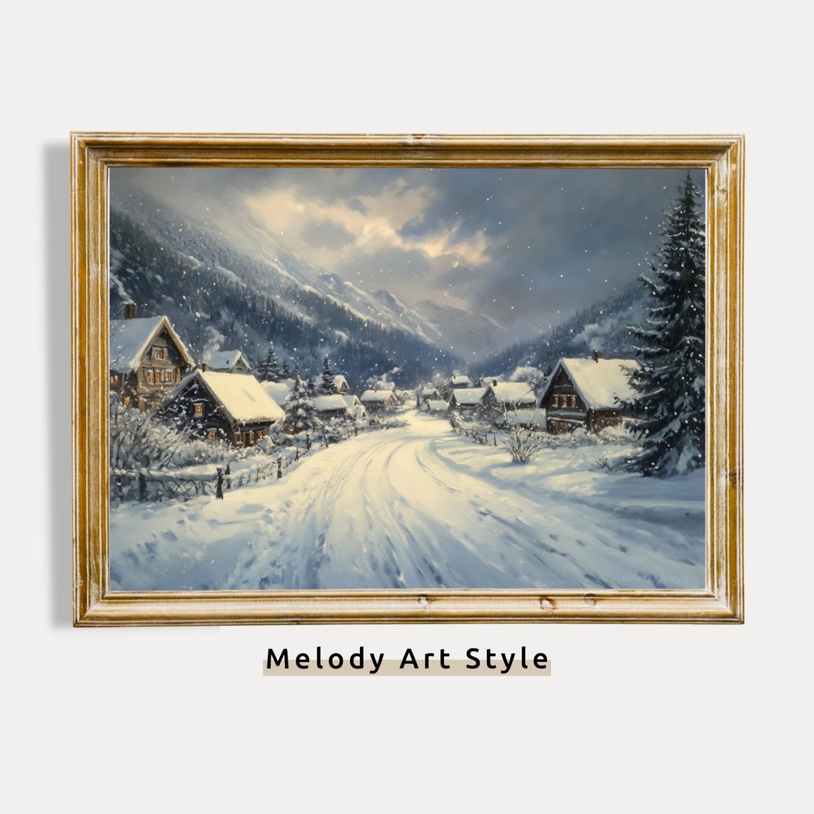 Rustic Winter Village Snowy Road Cabins Mountains Falling Snow Poster