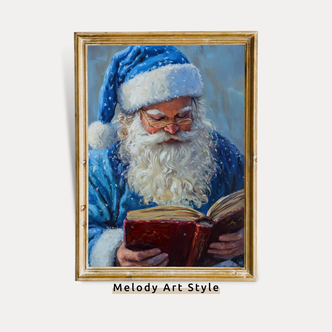 Blue Santa Claus Reading Big Red Book Cozy Winter Holiday Poster