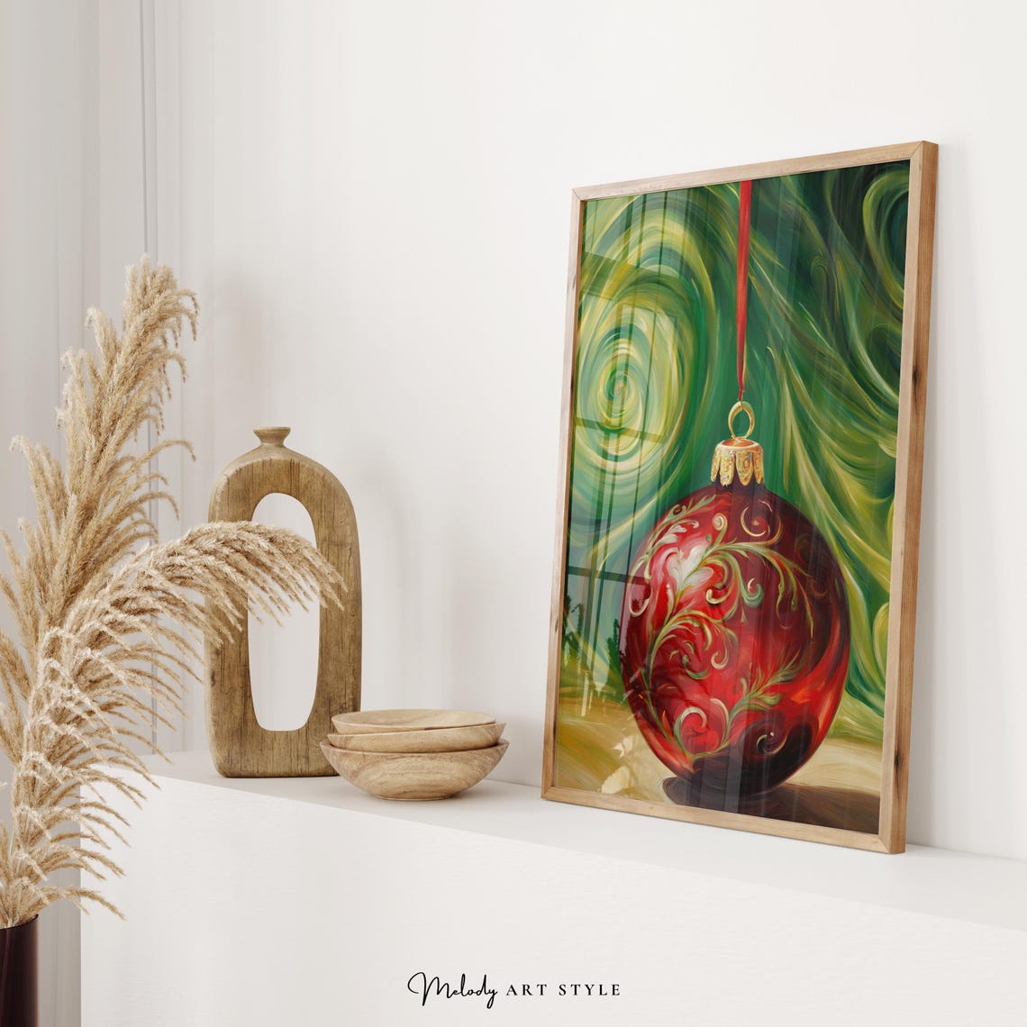 Red Christmas Bauble Gold Filigree Swirl Festive Ornament Poster - Image 2