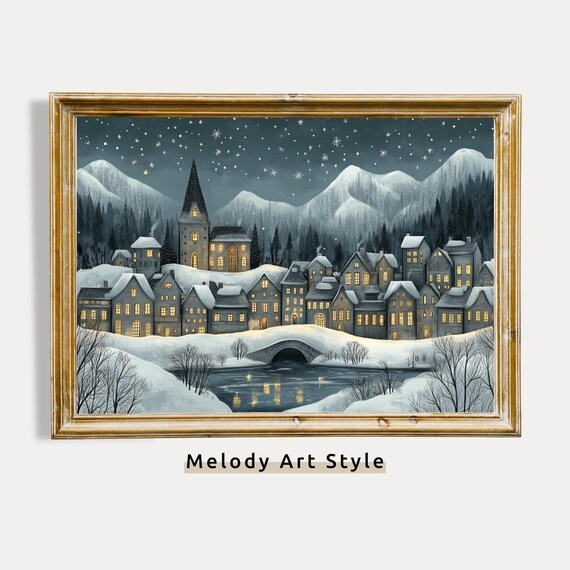 Snowy Village By River Night Church Glowing Lights Winter Holiday Poster