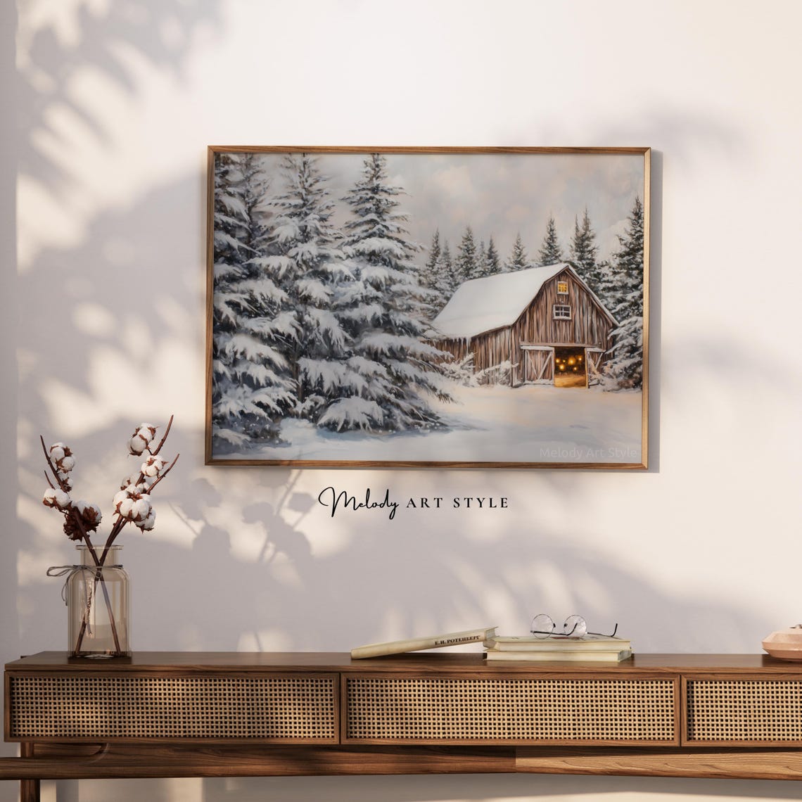 Rustic Winter Barn With Warm Lights In Snowy Pine Forest Poster - Image 2