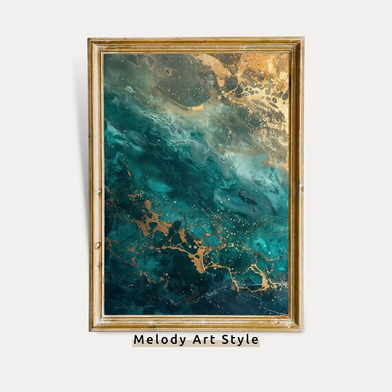 Teal And Gold Abstract Wall Art Luxury Decor Modern Fluid Texture Painting Artwork P293