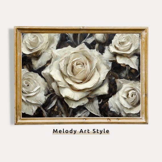 White Rose Painting Moody Floral Wall Art Neutral Flower Print Dark Academia Botanical Decor Vintage Painting P371