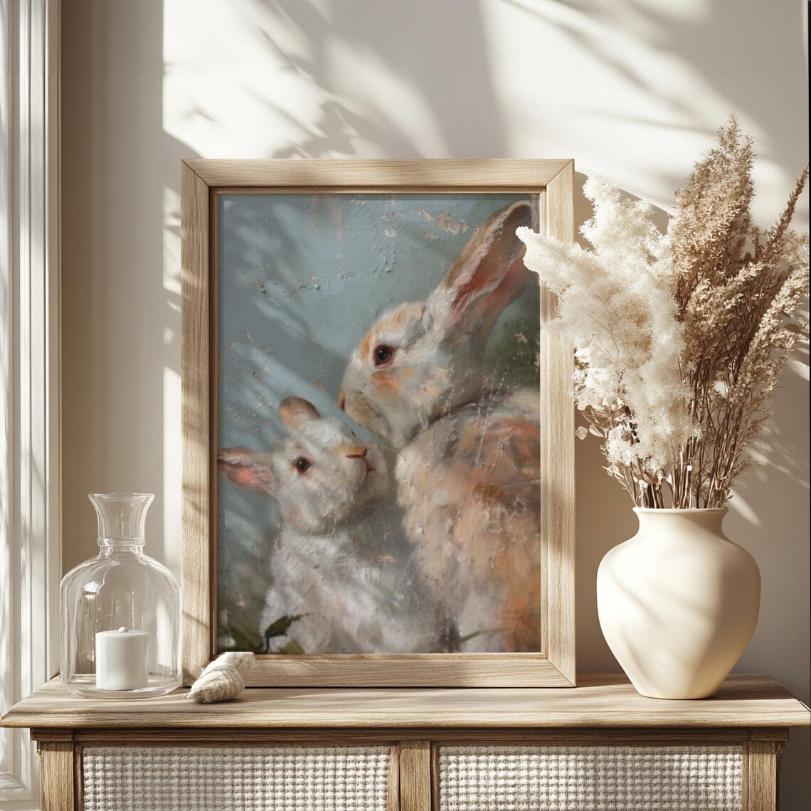 Two White Bunnies Nuzzling Vintage Oil Painting Spring Bunny Poster - Image 2